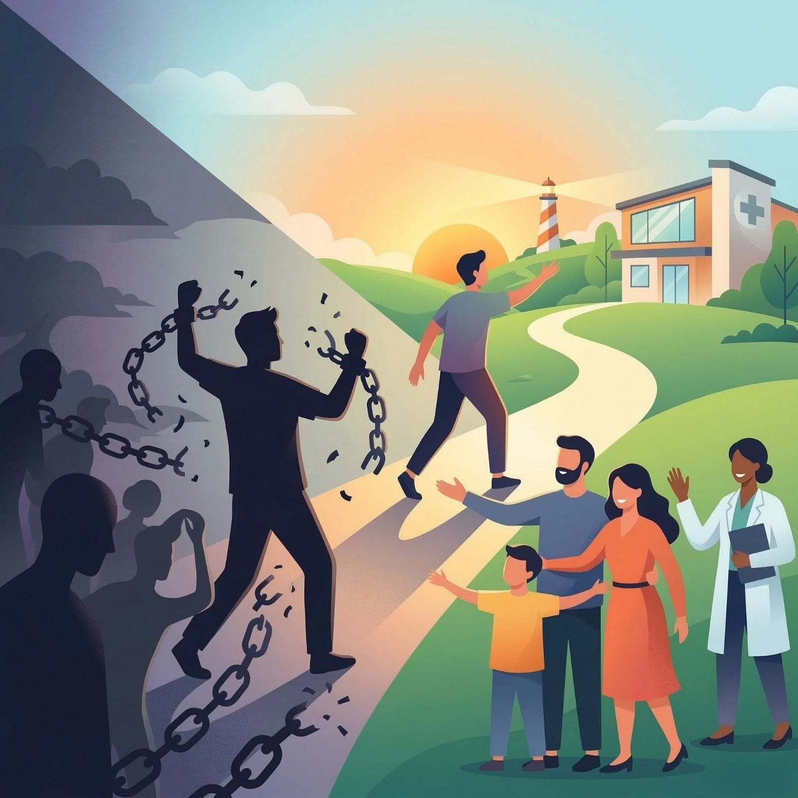 Ilustração simbolizando um dependente químico quebrando as correntes do vício e caminhando em direção a uma clínica de recuperação iluminada, onde é acolhido por sua família e equipe médica.