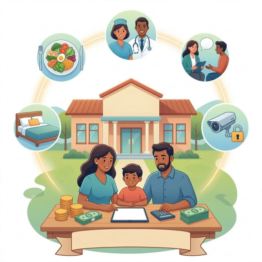 Ilustração de uma família sentada à mesa calculando o orçamento financeiro. Ao fundo, a fachada de uma clínica de recuperação cercada por ícones que representam o que compõe o preço: alimentação, equipe médica, terapia psicológica, acomodação e segurança.